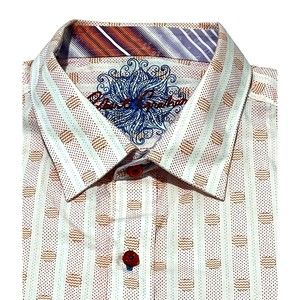 Robert  Graham Men Youth White Pink  Print Short Sleeve Button Up Casual Fit  XL